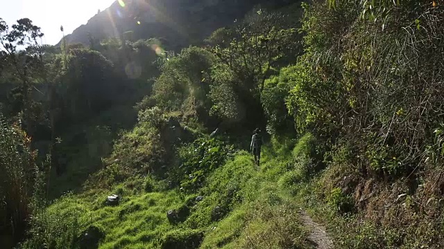 一个人戴着帽子沿着山路走视频素材