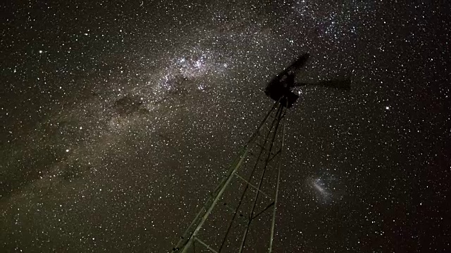 一个剪影的时间流逝风车疯狂地吹着风对着银河在黑暗的夜空视频素材