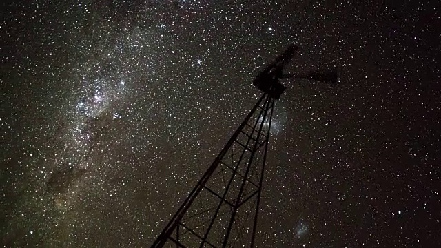 一个风车的剪影在黑暗的夜空中疯狂地吹着风吹向银河视频素材