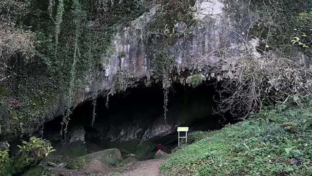 人们进入一个被植被包围的洞穴视频素材