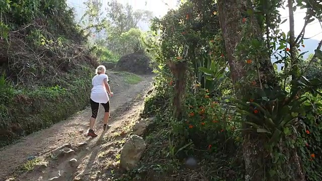 女人爬上山路，穿过森林视频素材