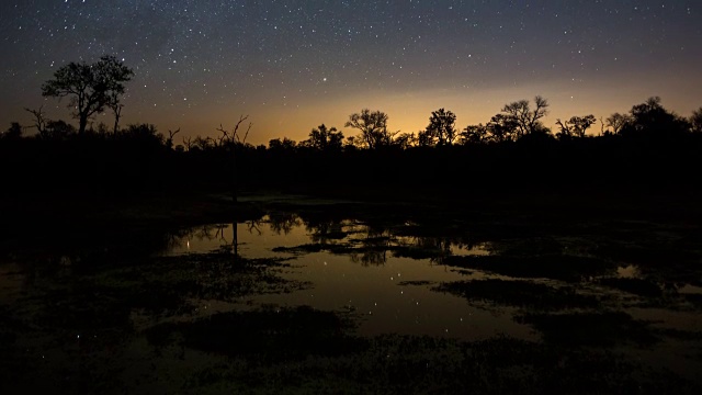 夜晚湖泊的时间流逝与银河和星星在水中的倒影视频素材