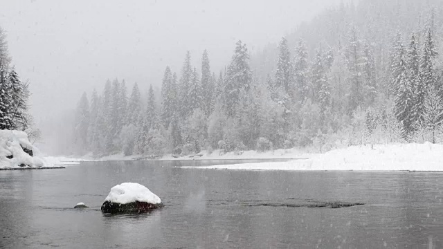 宽镜头的河流和雪覆盖的树木沿河岸在山区期间，沉重的雪花暴风雪。视频素材