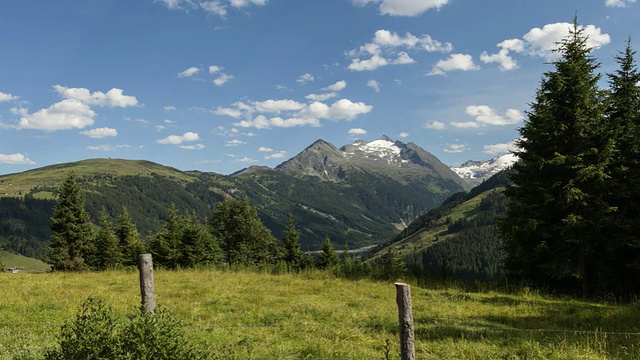 Hyperlapse - tracking shot along mountain landscape, meadow, evergreen trees and lake in Tirol .超近距离跟踪拍摄沿山脉景观，草地，常青树和湖在Tirol视频素材