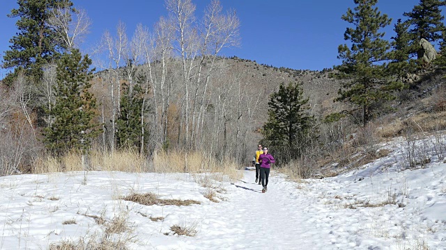 年轻夫妇trail跑雪熊溪科罗拉多落基山脉视频素材