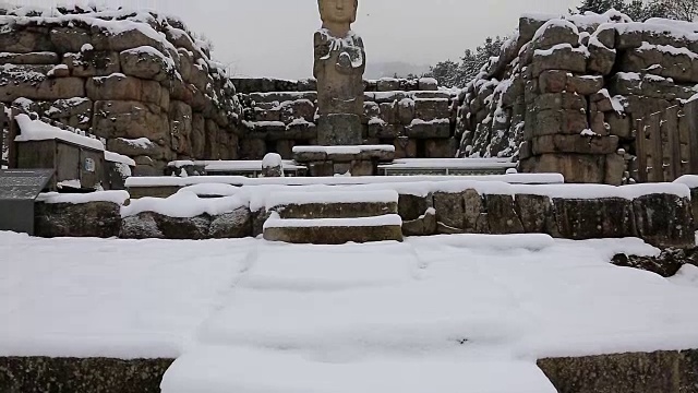 中原美莲阁石雕佛像(韩国珍藏96号)雪景视频素材