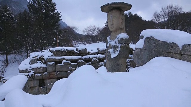 中原美莲阁石雕佛像(韩国珍藏96号)雪景视频素材