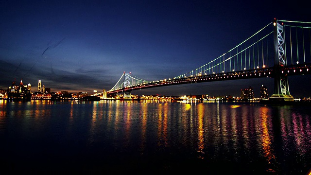 夜晚，费城城市景观的时间流逝，德拉瓦河和本富兰克林桥在前景。视频素材