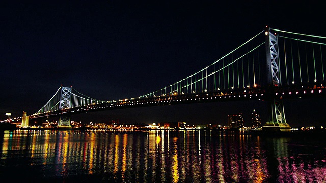 夜晚，费城城市景观的时间流逝，德拉瓦河和本富兰克林桥在前景。视频素材