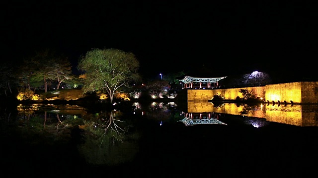 Anapji池的亭子夜景和水面倒影(韩国历史景点18)视频素材