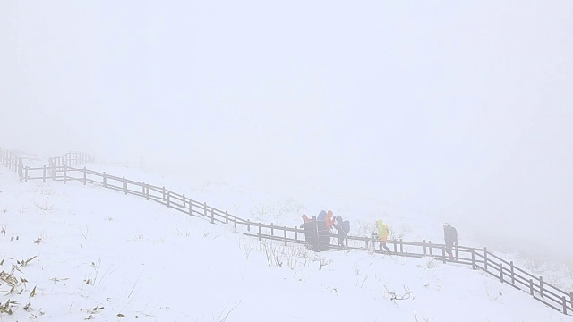 德女山国家公园的山路雪景和人们在冬天爬山视频素材