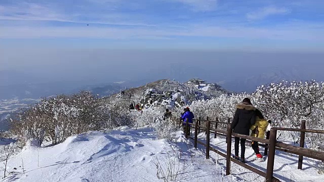 德女山国家公园的雪景和人们在冬天爬山视频素材