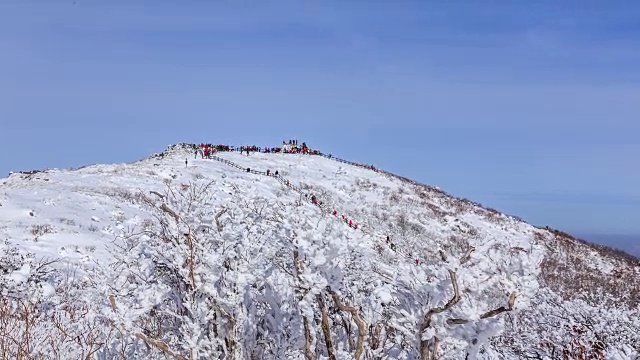 德女山国家公园的雪景和人们在冬天爬山视频素材