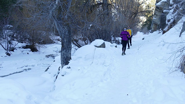 年轻夫妇trail跑雪熊溪科罗拉多落基山脉视频素材