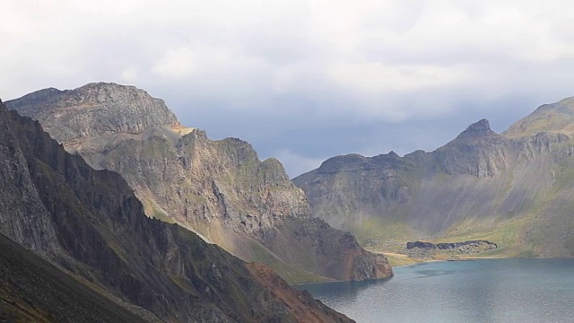 天池(山的火山口湖)在白头山的景观，在朝鲜和中国的边界视频素材