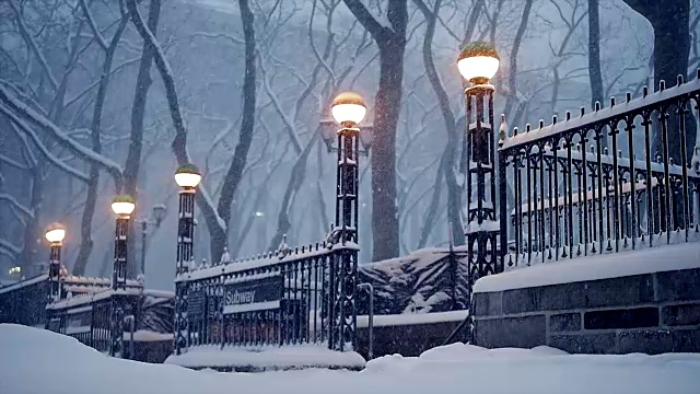 纽约的冬季暴风雪。雪花背景慢动作拍摄视频素材