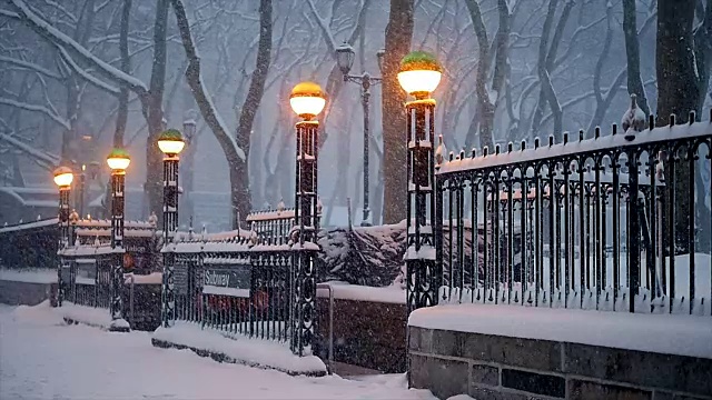 纽约市在暴风雪天。城市街道被雪覆盖视频素材