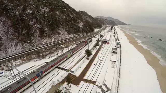 雪景海滩与铁路轨道在冬天视频素材