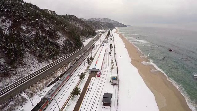 雪景海滩与铁路轨道在冬天视频素材