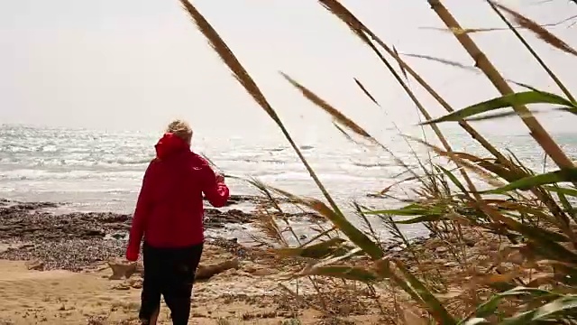 在刮风的日子，女人走过空荡荡的海滩视频素材