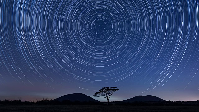 夜景与一个单一的树和星星小径，在saebyeol oreum火山锥视频素材