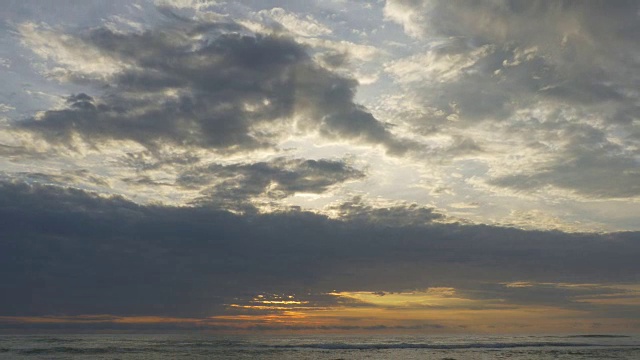 大海上方的天空，太阳在变幻莫测的云后冉冉升起视频素材