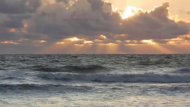 银色的海洋，地平线上戏剧性的云和橙色的阳光，海豹游泳视频素材