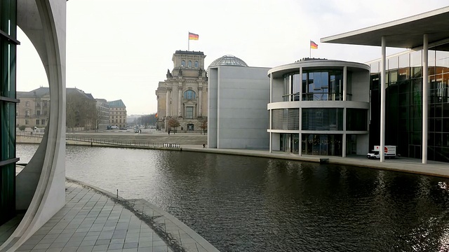 MS Shot of Spree river, Reichstag Building和Paul Lobe Haus /柏林，德国视频素材