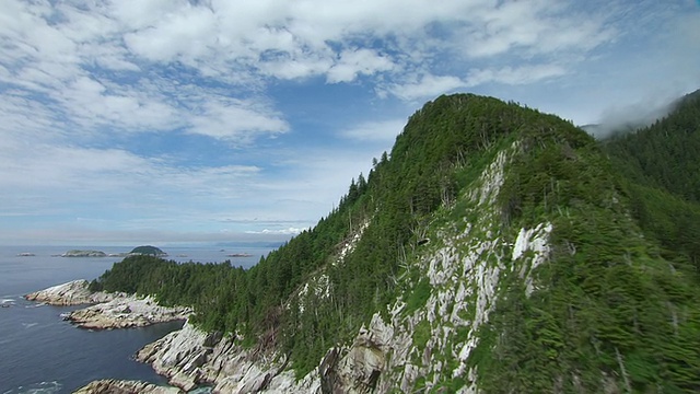 美国阿拉斯加州克鲁兹岛，鸟瞰图靠近海岸线，转弯至岩石海岸和森林覆盖的海湾视频素材