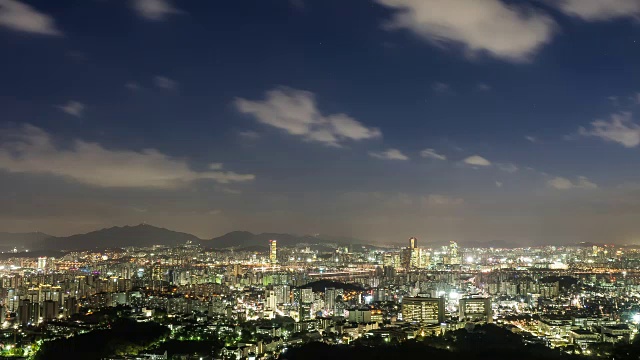 首尔市景日落到夜景(前景是麻浦区，背景是悠ido商业区)视频素材