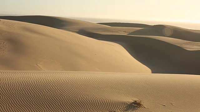 在明亮的阳光照耀下，在空旷的沙丘上行走的脚印和人们。视频素材