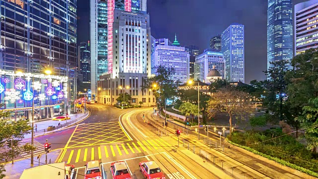 香港市区道路交通繁忙，楼宇现代化，时光流逝。视频素材