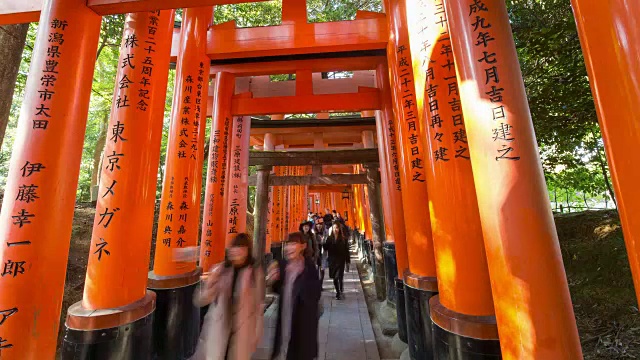 日本本州关西县京都伏见稻见神社的朱红色鸟居门视频素材