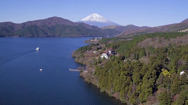 日本本州静冈县箱根市富士箱根国家公园的欣之湖和后面的富士山视频素材