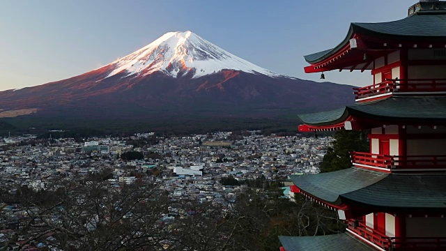 日本本州静冈县藤吉田荒仓山森根公园的富士雪山和Chureito宝塔视频素材