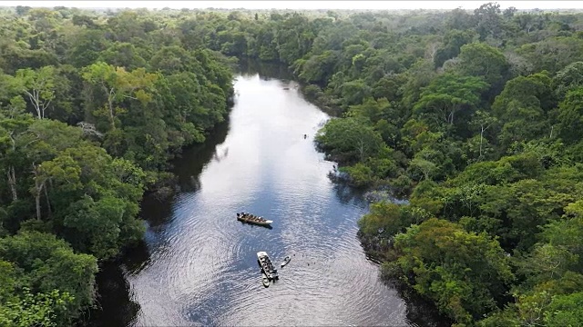 两艘小船，亚马逊河黑水支流，秘鲁亚马逊河，秘鲁视频素材