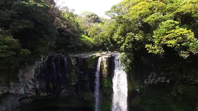 济州岛暖温带森林天池渊瀑布鸟瞰图(韩国自然保护区379)视频素材