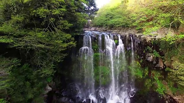 济州岛暖温带森林天jeonjeon瀑布鸟瞰图(韩国自然保护区378号)视频素材