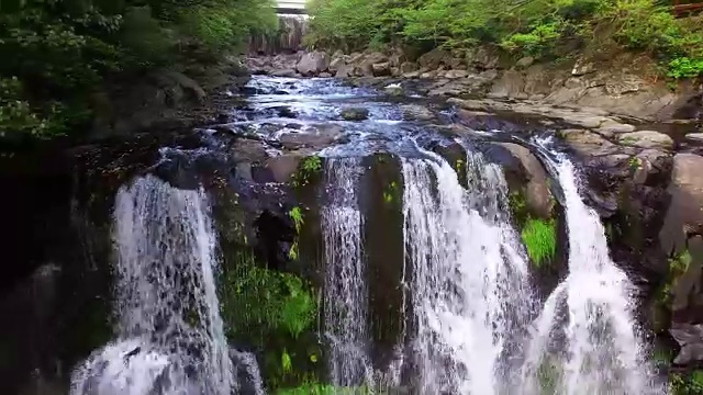 济州岛暖温带森林天jeonjeon瀑布鸟瞰图(韩国自然保护区378号)视频素材