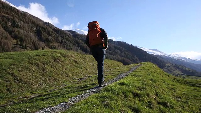 日出时，一名男性徒步者走在长满青草的山地草地上视频素材