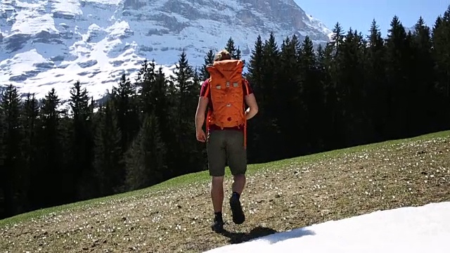 一名男性徒步者走在长满青草的山上草地上，经过了积雪视频素材