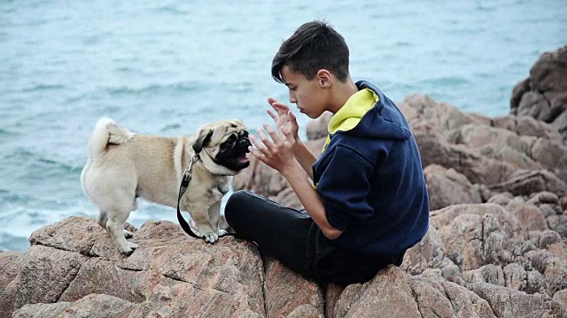 带着狗的男孩视频素材