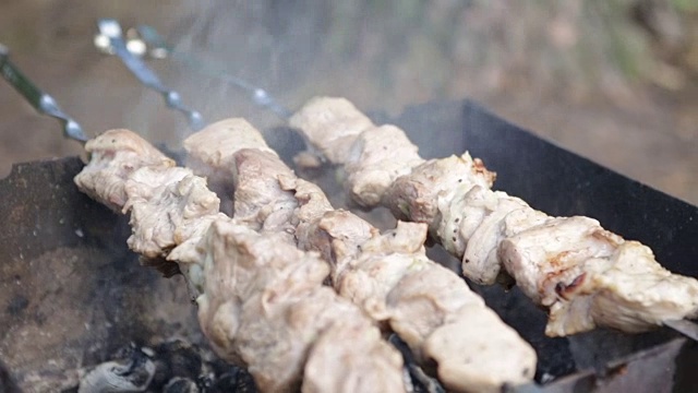 在火盆里用木炭煮烤肉串。视频素材