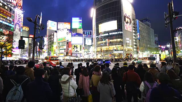 周日傍晚，镜头正穿过涩谷十字路口前往涩谷中心。拍摄城市夜景和十字路口的行人。视频素材