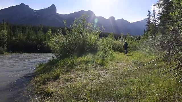 骑山地车的人骑着自行车进入河流浅滩，穿过森林视频素材