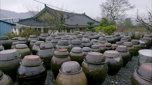 张德台(韩国用来发酵食物的陶罐)和雨天视频素材