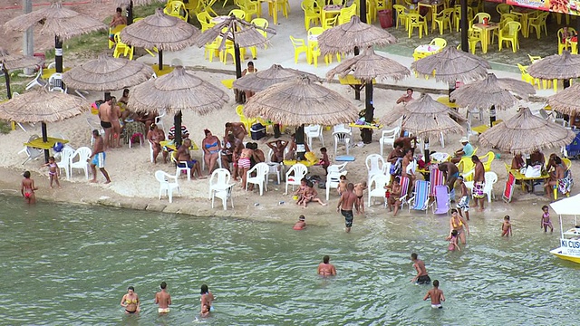 在伞下坐在海滩上的人鸟瞰图/里约热内卢de Janeiro，巴西视频素材