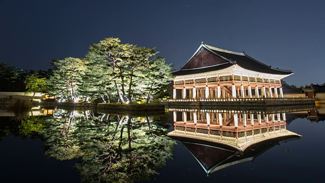 从夜空下到京福宫的庆会楼和水面上的倒影视频素材