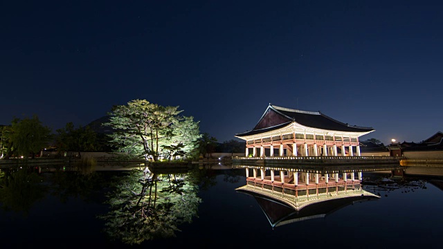 庆福冈宫庆会馆夜景及水上倒影视频素材