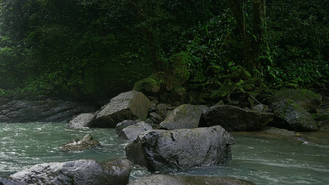 中等平移拍摄的河流流过岩石在热带雨林/圣胡安娜，，哥斯达黎加视频素材